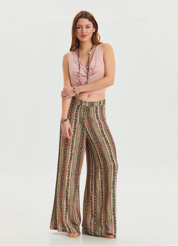 High Waist Loose Cut Khaki Palazzo Trousers 4537